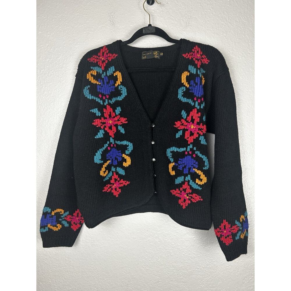 Vintage Eddie Bauer Black Floral‎ Button Cardigan 100% Wool Size Medium